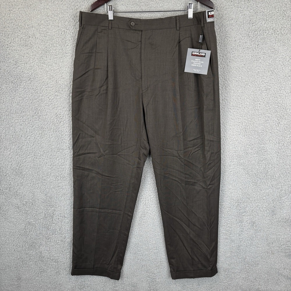 NEW Kirkland Mens Italian Wool Pleated Dress Slacks Mens‎ 40x32 Brown Made Italy
